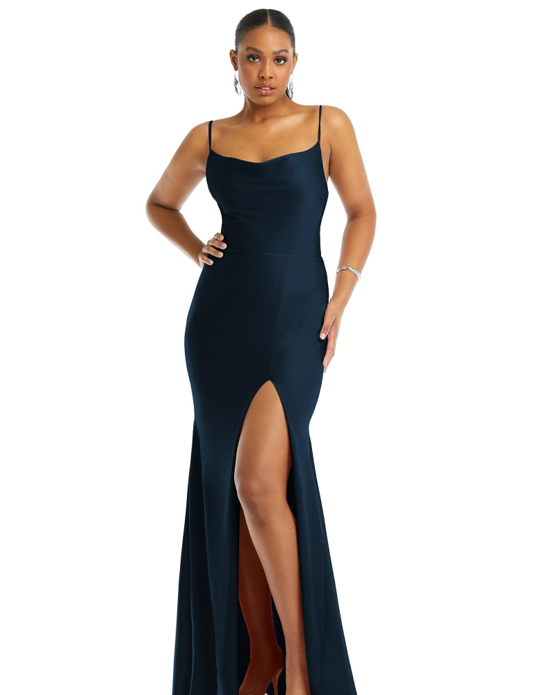 Front of a model wearing a size XXL Cowl-Neck Open Tie-Back Stretch Satin Mermaid Dress with Slight Train in Midnight Navy by Cynthia & Sahar. | dia_product_style_image_id:301315